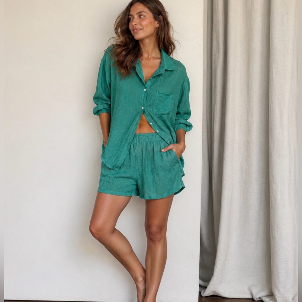 Bright Green Muslin Breezy Lounge Set (Shirt & Shorts) | size XL
